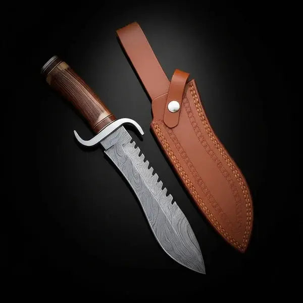 Handmade Damascus Bowie Knife – Antler & Rosewood Handle, Serrated Spine