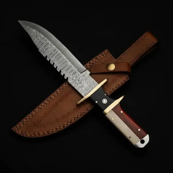 Handmade Damascus Bowie Knife – Rosewood & Bone Handle, Brass Guard & Leather Sheath