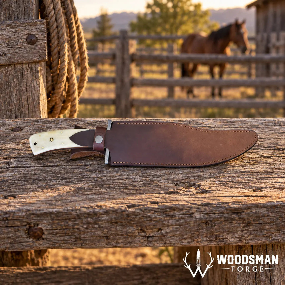 Bonecrest Damascus Bowie Knife – Cow Bone Handle & Mosaic Pins