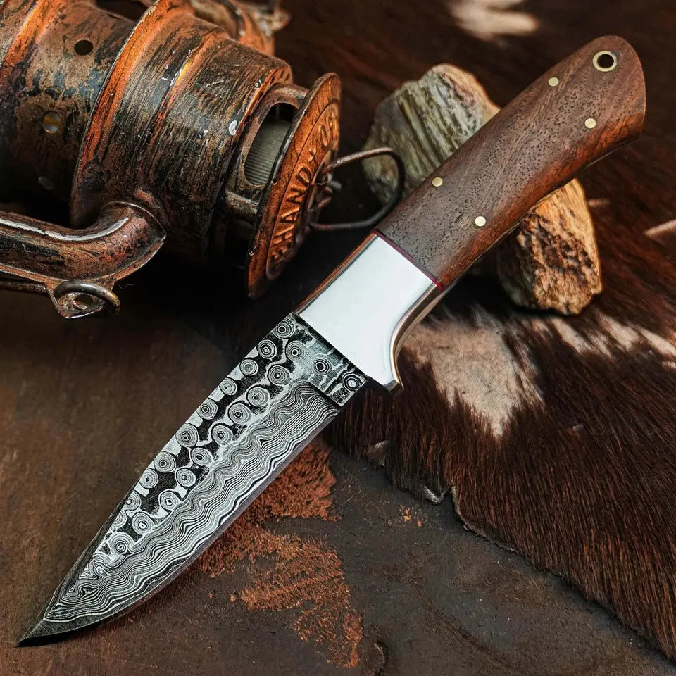 8.8" Handmade Damascus Bushcraft Knife – Full Tang Wood Handle & Sheath