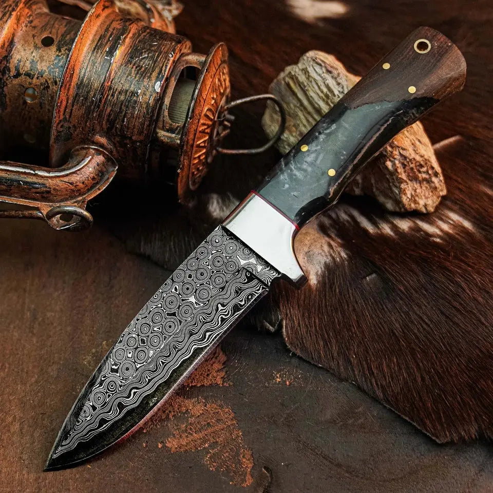 8.8" Handmade Damascus Bushcraft Knife – Full Tang Wood Handle & Sheath