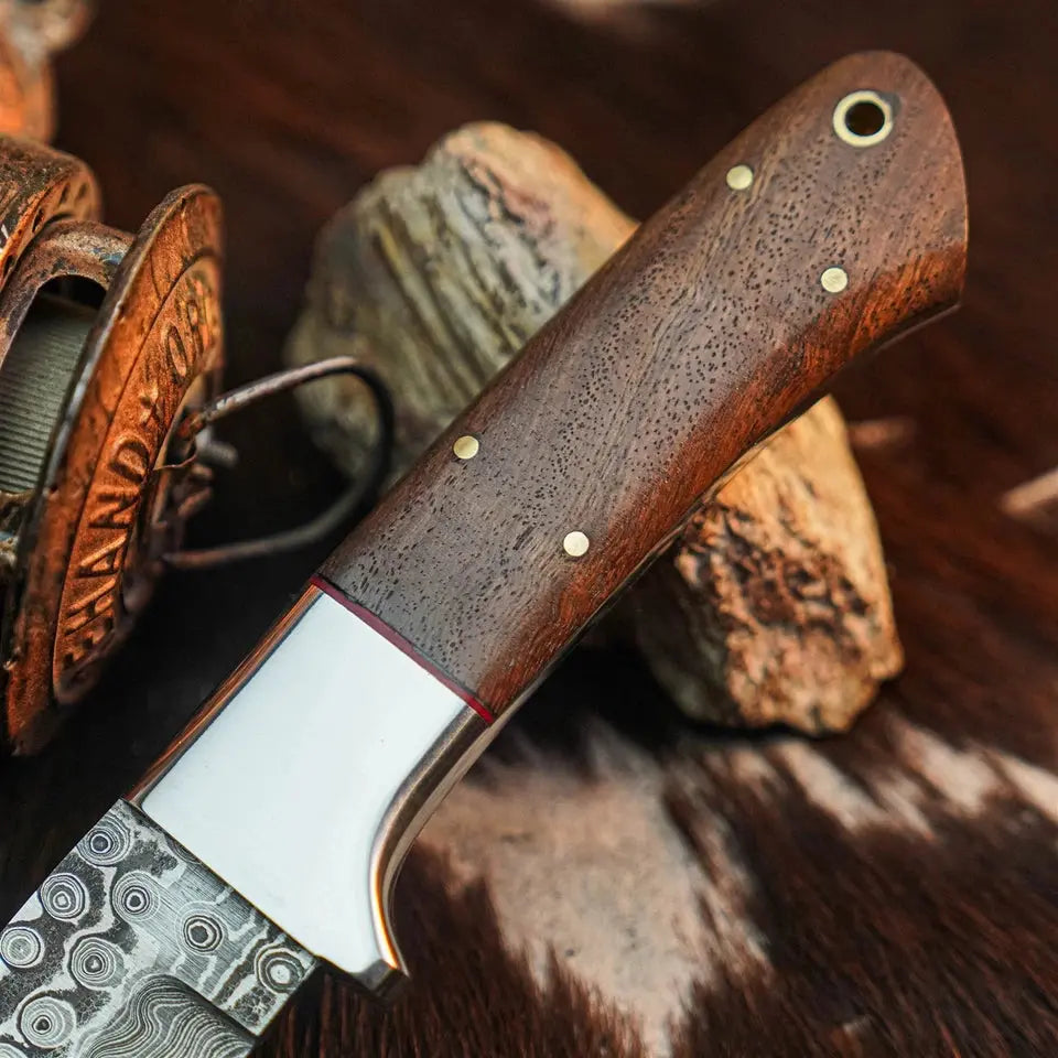 8.8" Handmade Damascus Bushcraft Knife – Full Tang Wood Handle & Sheath