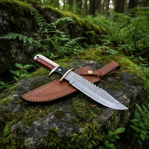 Handmade Damascus Bowie Knife – Rosewood & Bone Handle, Brass Guard & Leather Sheath