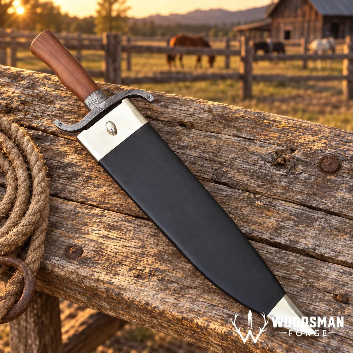 Ironwood Twisted Damascus Bowie Knife – Walnut Handle & Leather Sheath