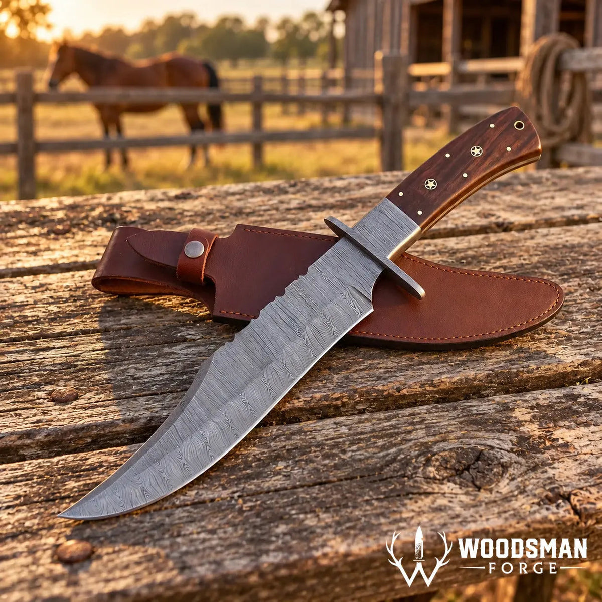 Rosewarden Damascus Bowie Knife – Rosewood Handle & Leather Sheath